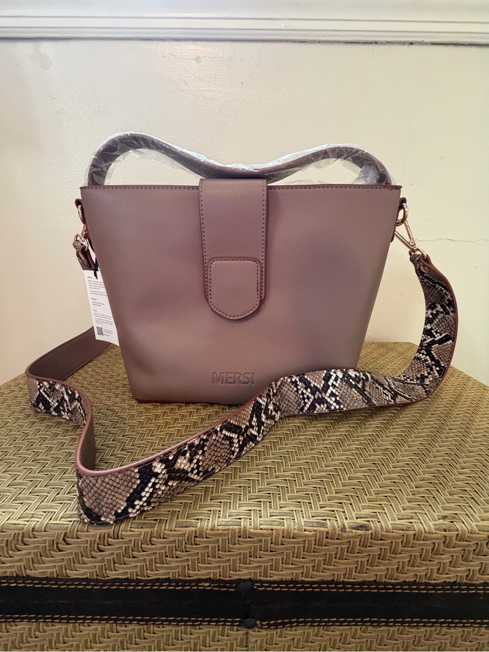 MERSI Taupe Top Handle Crossbody Satchel w/ Snakeskin Strap NWT